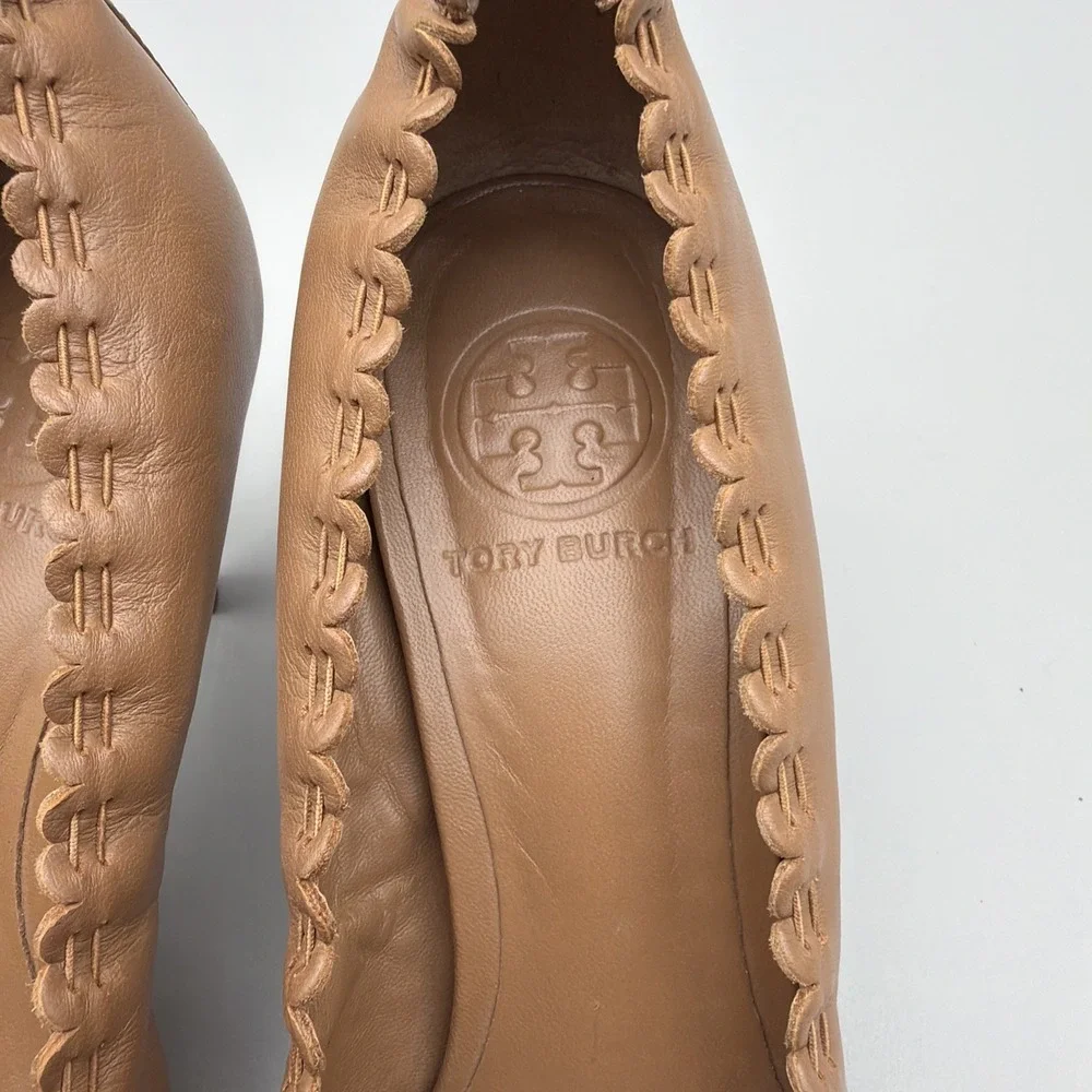 Tory Burch Romy Patent Leather Cap Toe Bow Pumps Heels Womens 8M Tan